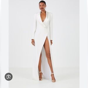 BCBGMaxazria Sz 0 Luciano Gardenia Maxi Low Cut Tuxedo Dress High Thigh Slit NWT